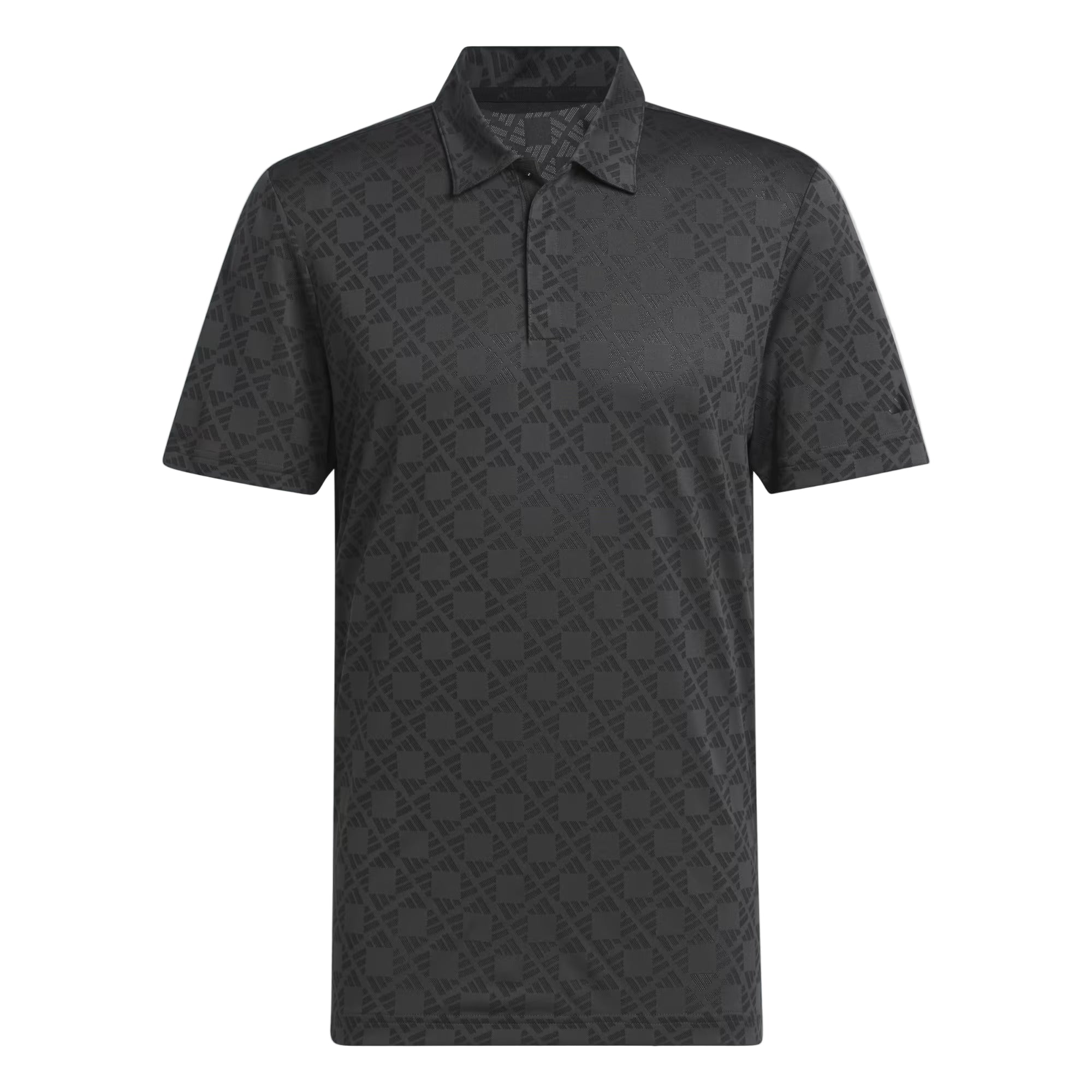 Dark gray polo shirt with geometric pattern on a light gray background
