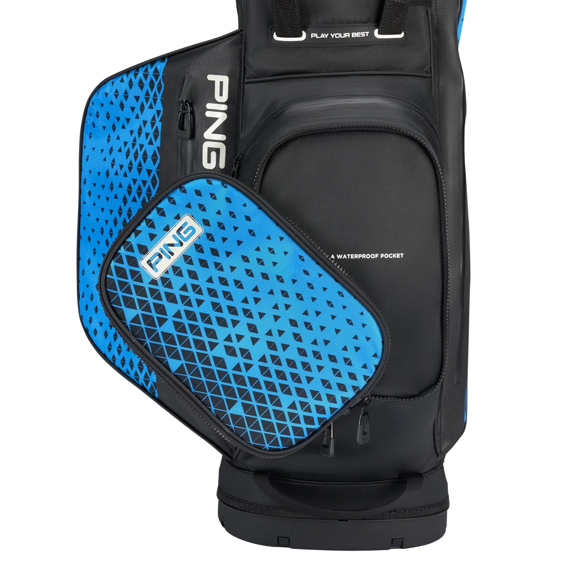 Black golf bag with blue patterned side panel featuring the PING logo on a white background.