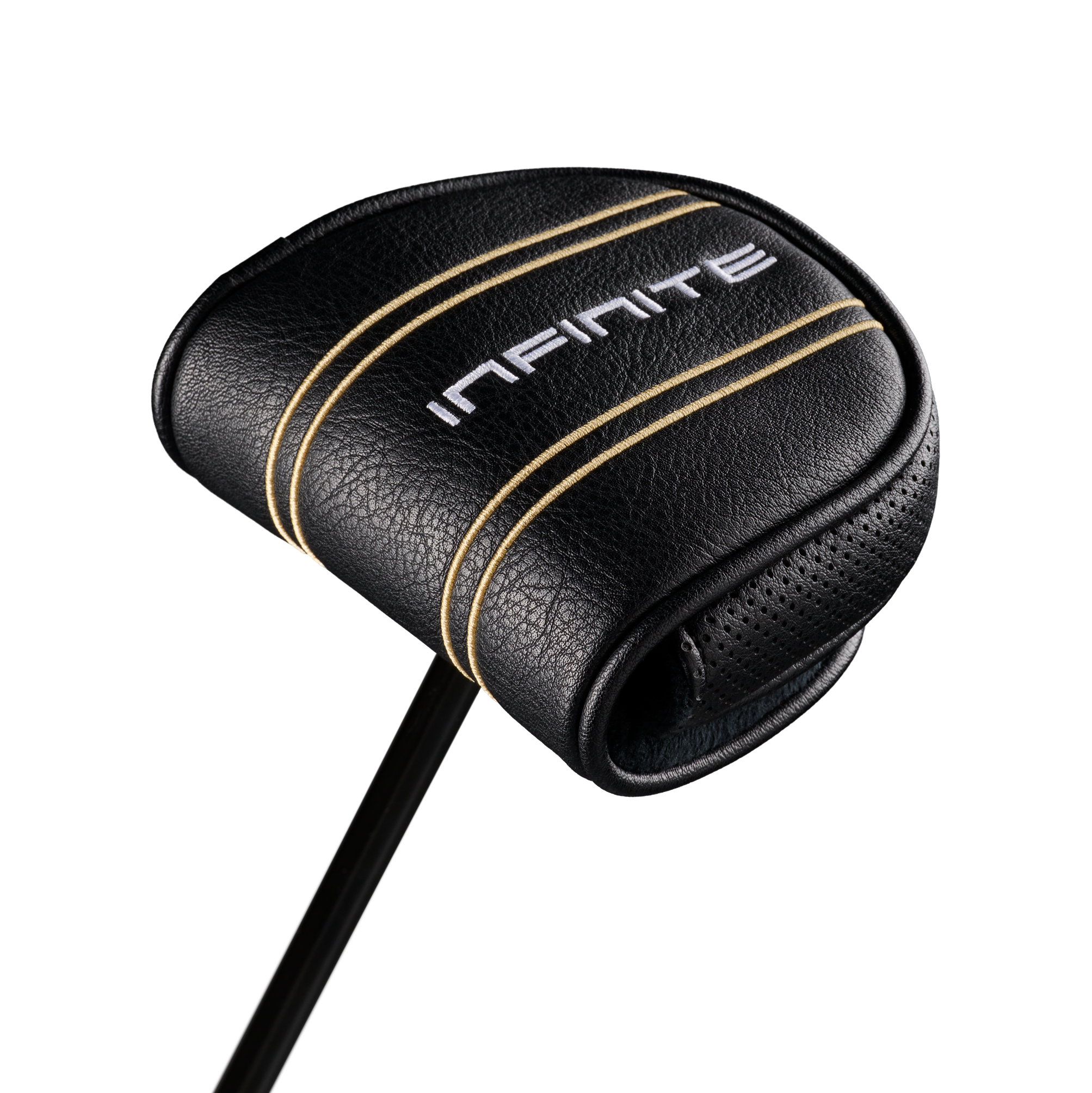 Black textured golf club headcover with gold contrast stitching and the brand name 'INFINITE' in white on the front, shown on a white background.