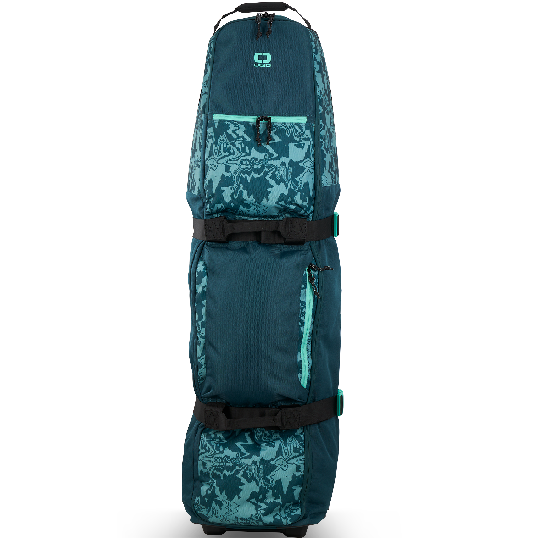 Teal and black patterned bag with a visible brand logo on a white background