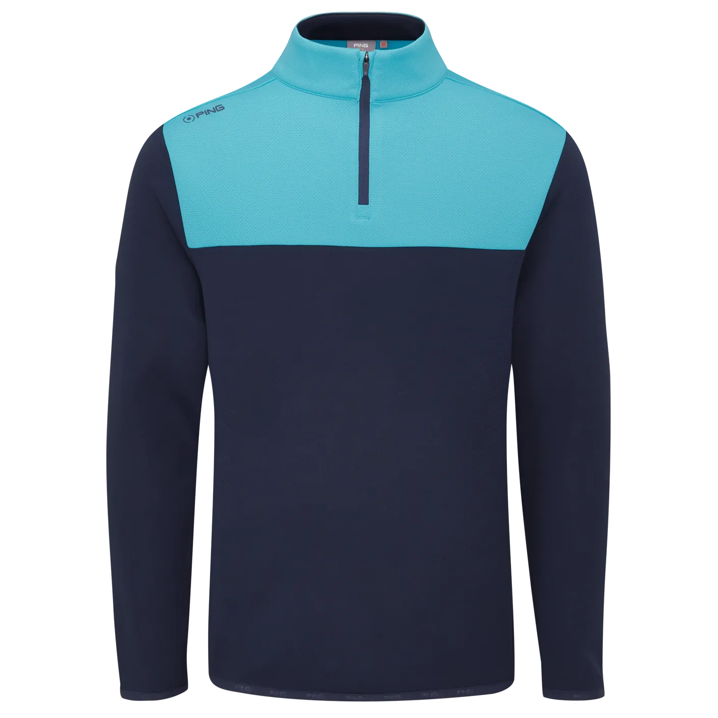 Navy and turquoise pullover with a quarter zip on a white background