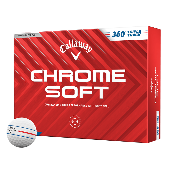A dozen Callaway Chrome Soft golf balls with 360 Triple Track technology in a red and white packaging.