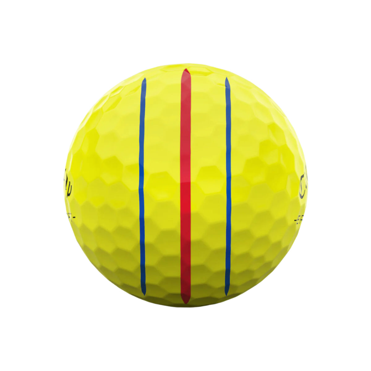 Yellow golf ball with red and blue stripes on a white background