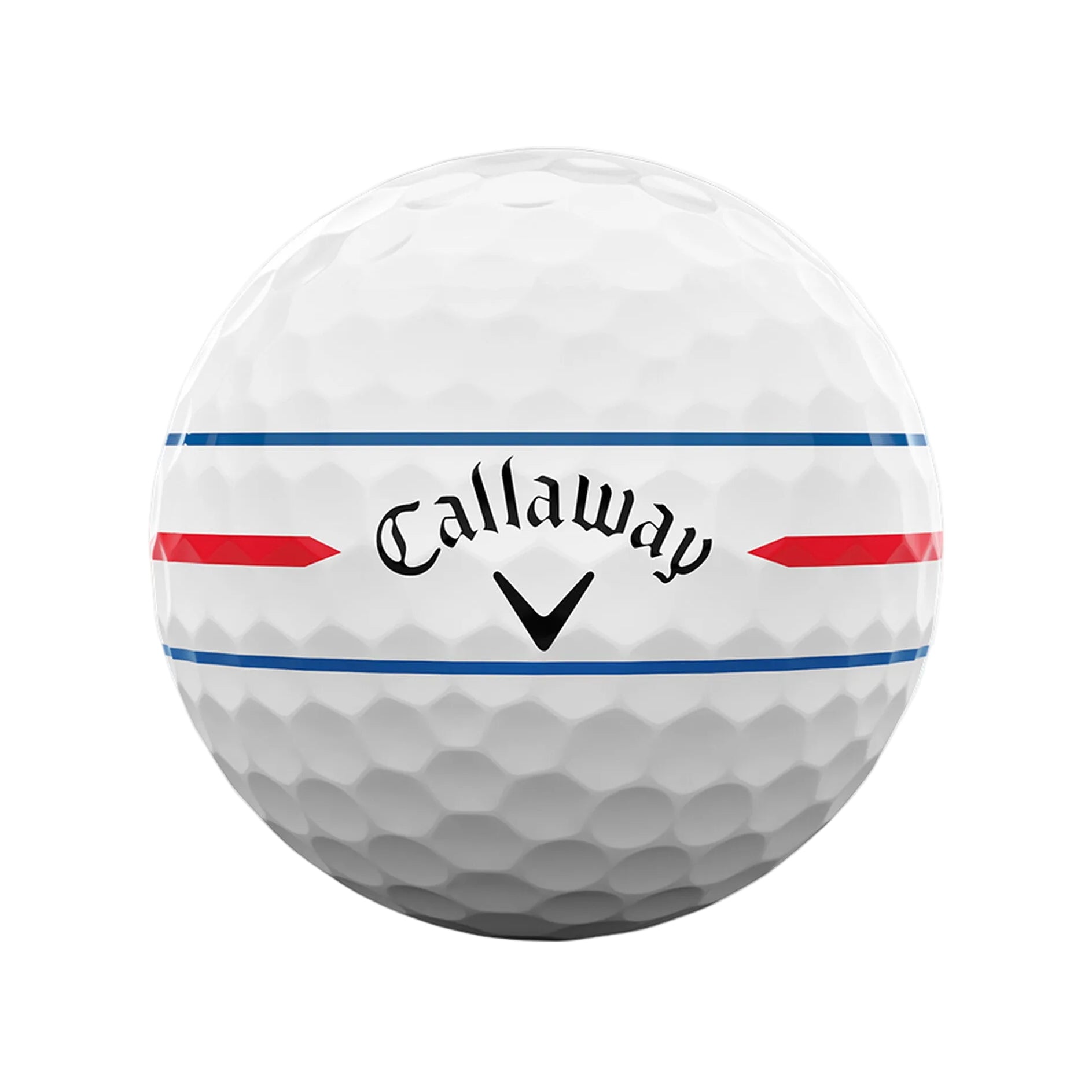 Callaway golf ball with red and blue stripes on a white background