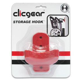 A red Clicgear Storage Hook packaged on a white and black card, designed for hanging golf carts.