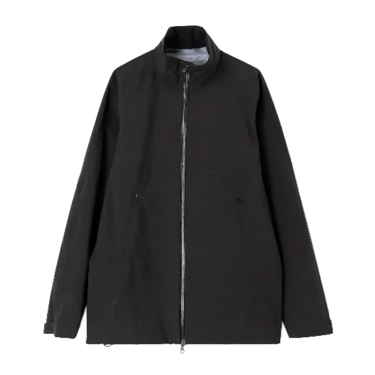 A black lightweight golf jacket with a stand-up collar, full front zipper, and zippered hand pockets