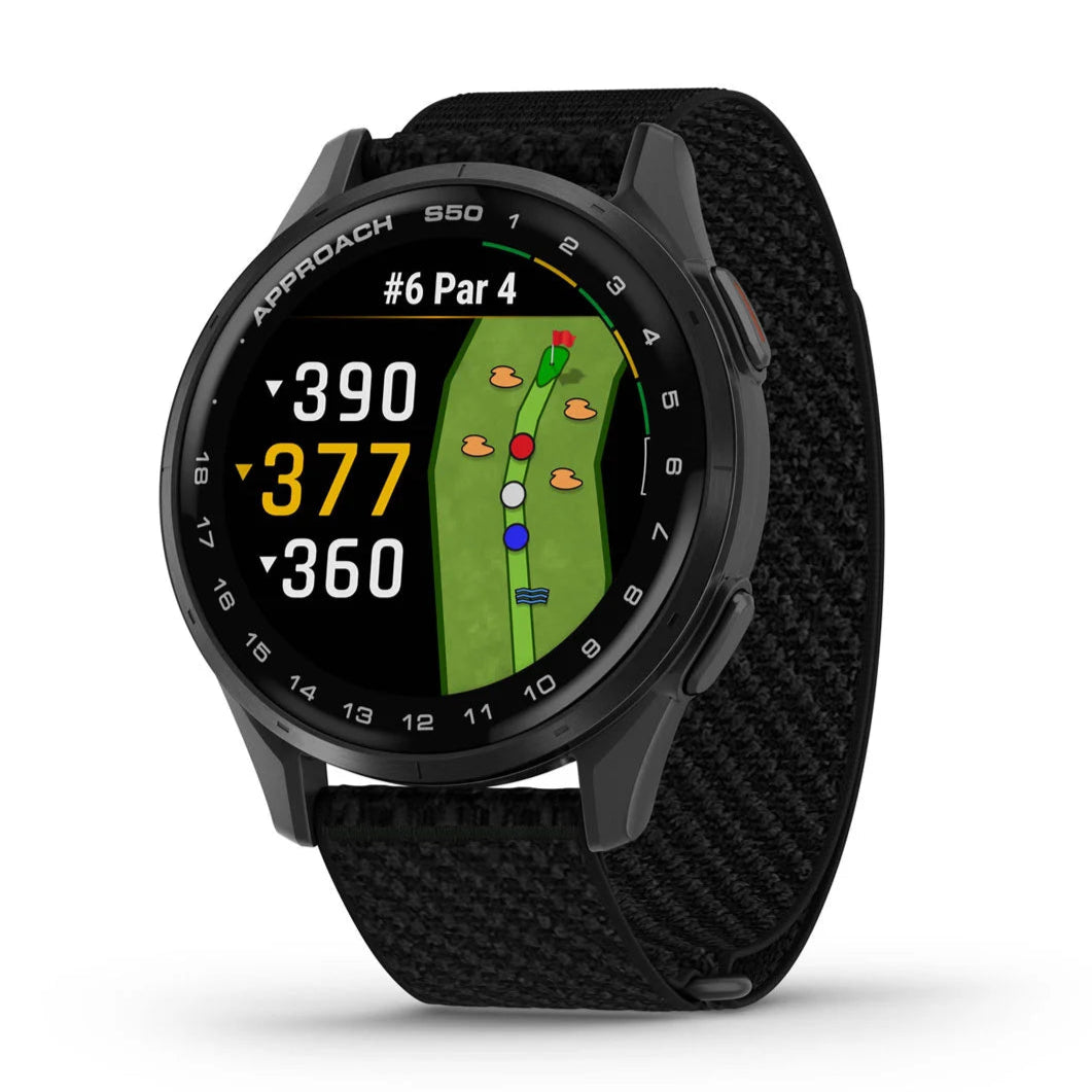 A Garmin Approach S50 GPS golf smartwatch with a black band and black case, displaying a colorful screen showing yardages and a golf course layout.