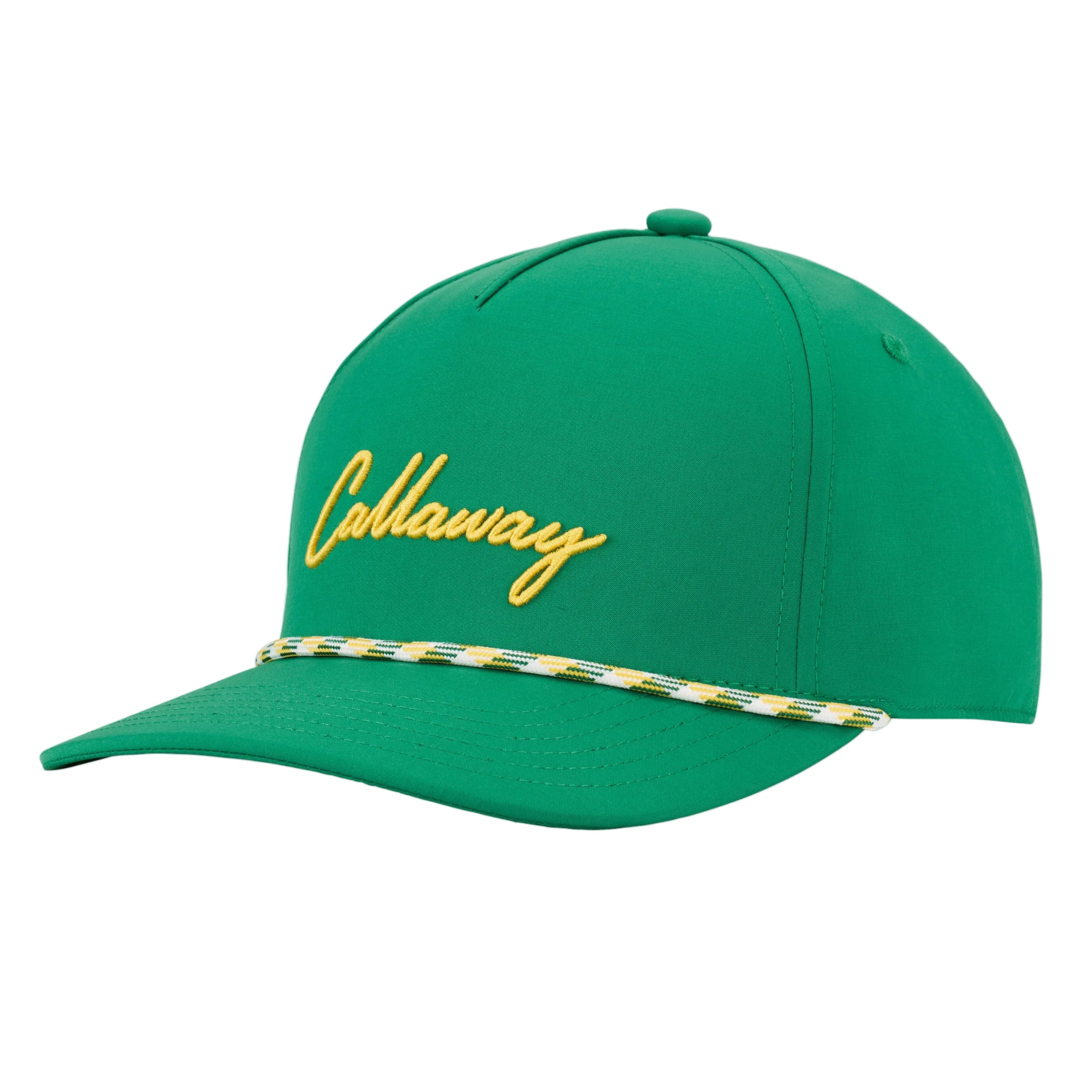 A green Callaway Birdie Putt Rope Hat with yellow and white rope detail around the base and the brand name in yellow script on the front.