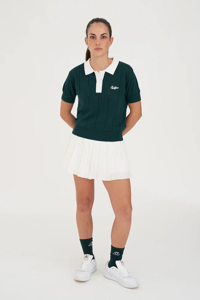 Huffer Women's Line Knit Polo - Golf Green/ White
