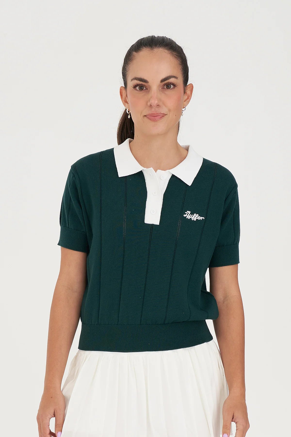 Huffer Women's Line Knit Polo - Golf Green/ White