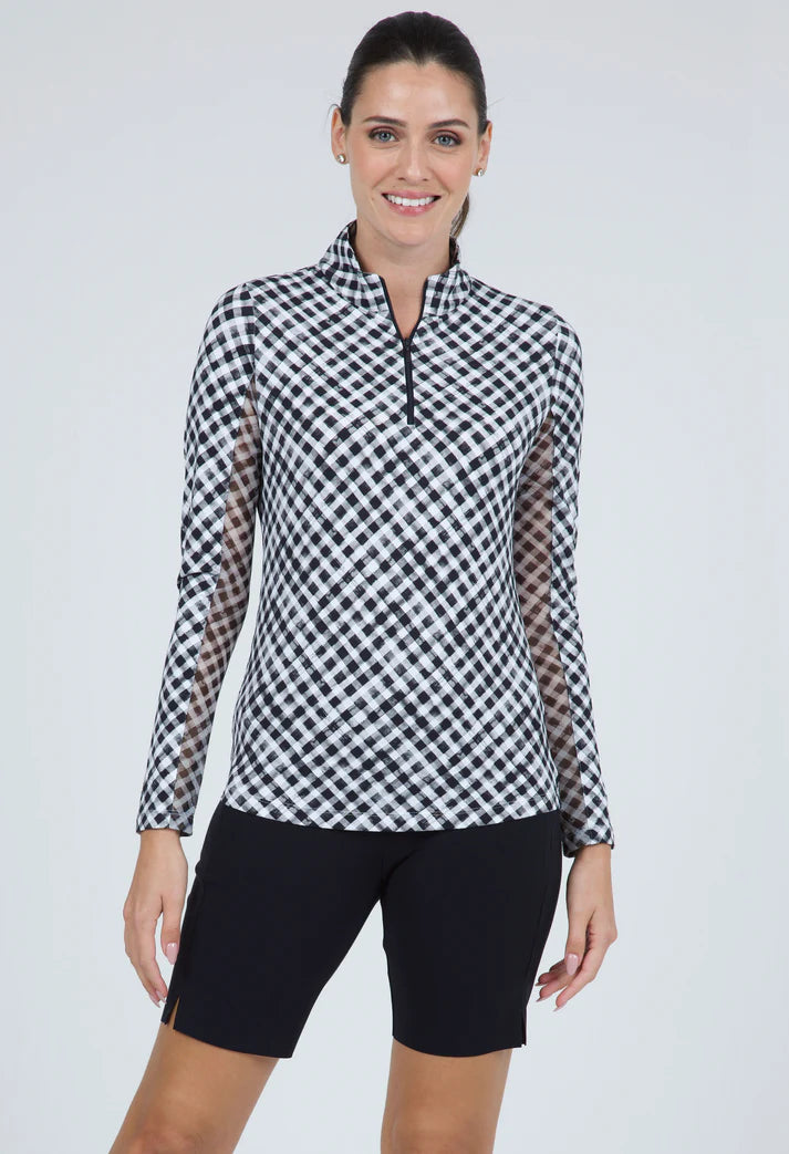 IBKUL Ladies Gingham Check Print Long Sleeve Mock Neck Top - Black / White