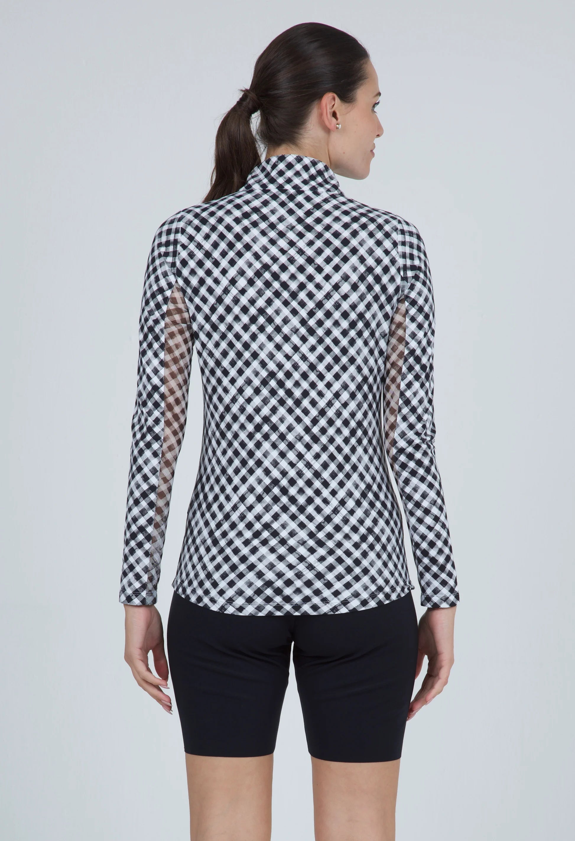 IBKUL Ladies Gingham Check Print Long Sleeve Mock Neck Top - Black / White