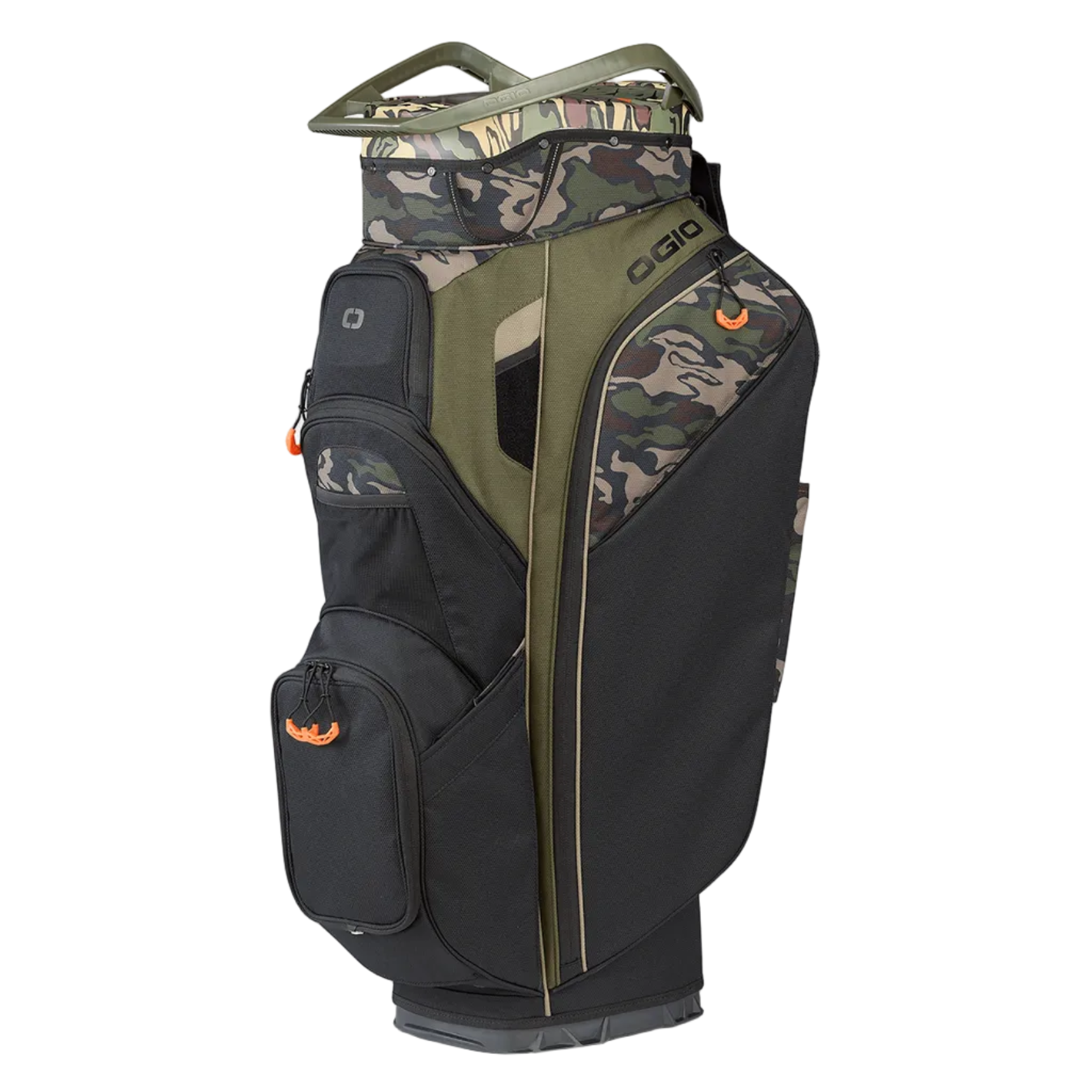 Camouflage golf bag with black accents on a white background
