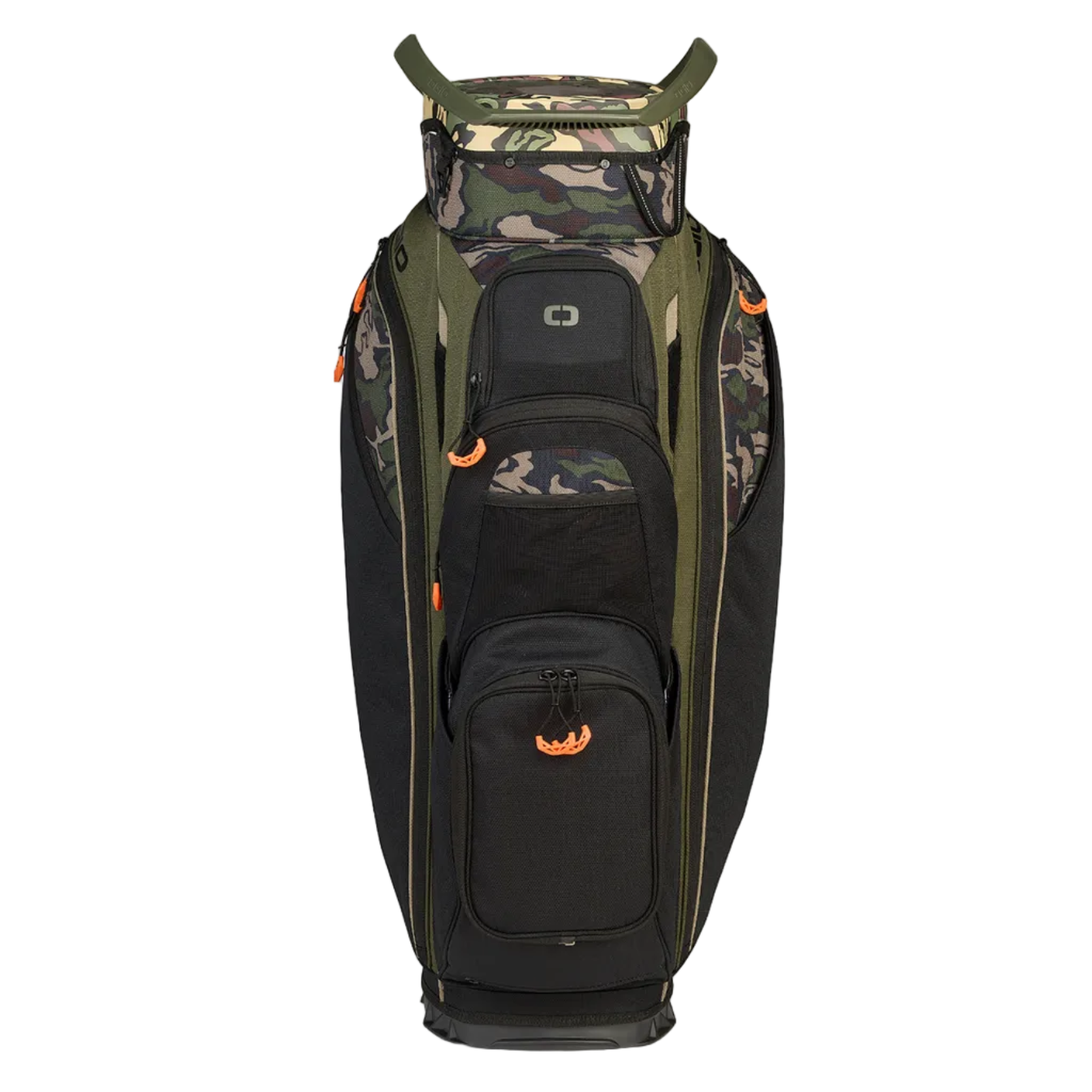 Camouflage golf bag with black accents on a white background