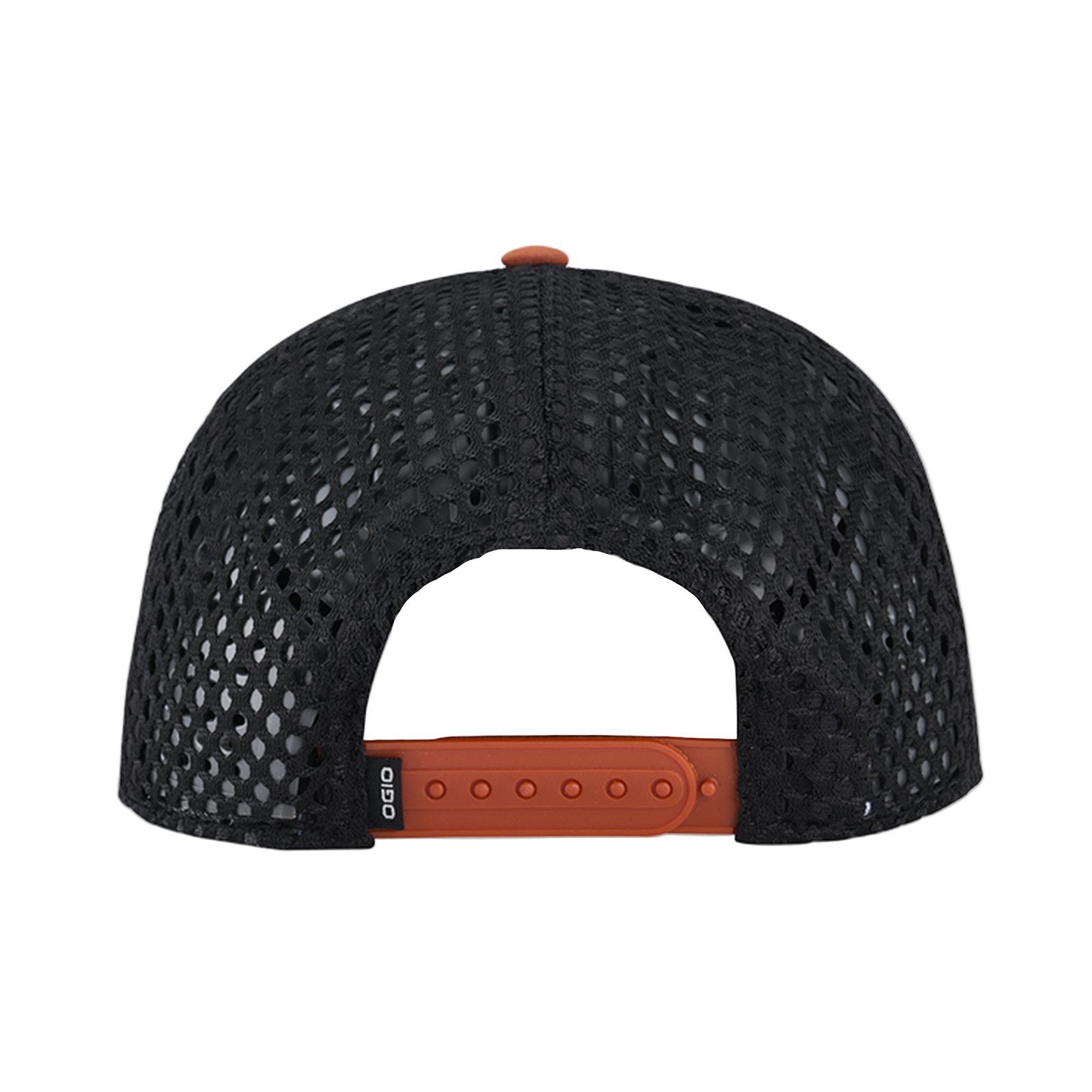 Black mesh cap with brown leather brim on a white background
