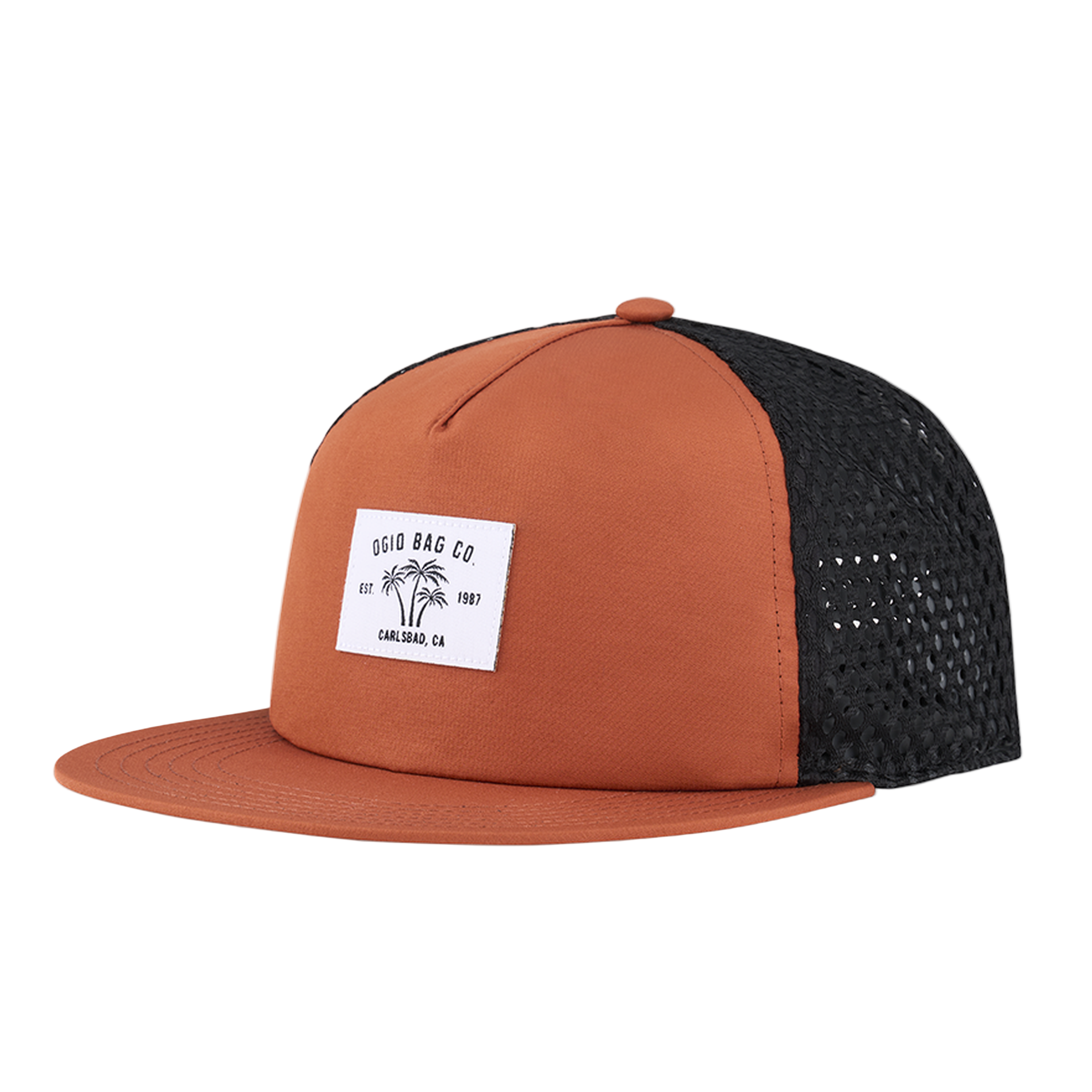 Brown and black cap with a brand logo on a white background