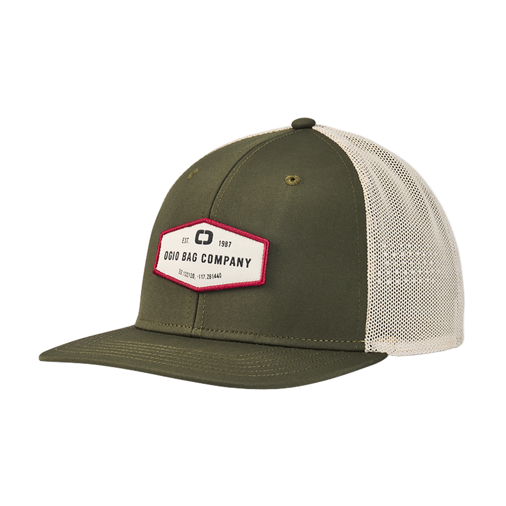 Green and beige cap with a red and white logo on a light gray background
