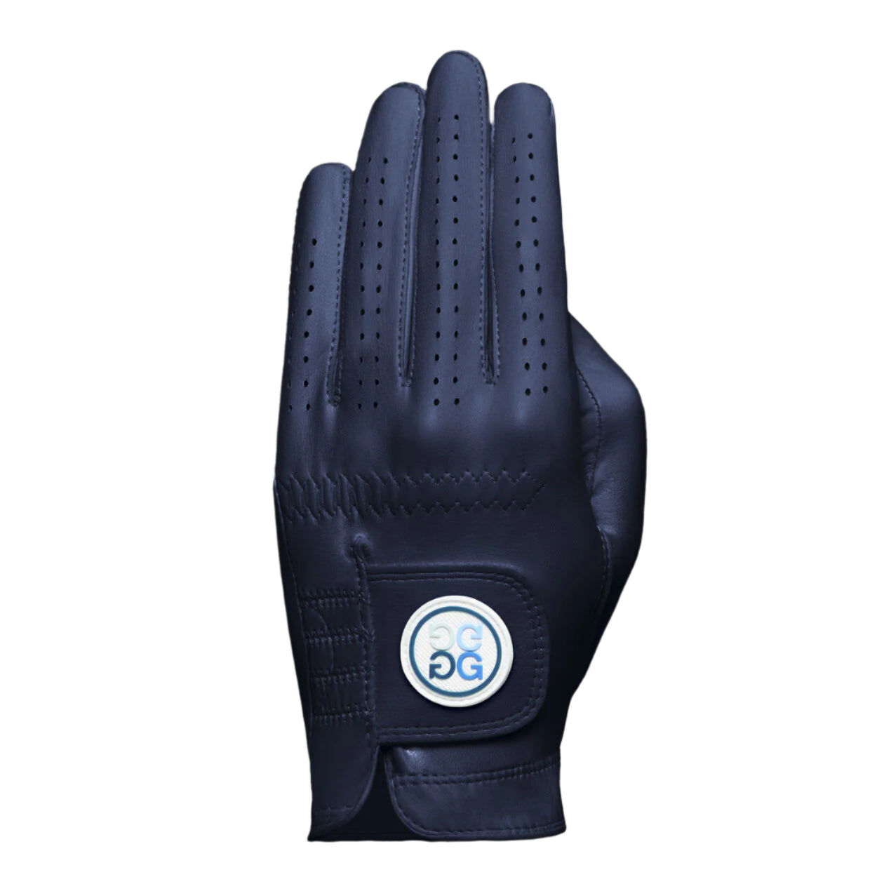 Navy blue golf glove with a G Fore logo on a grey background