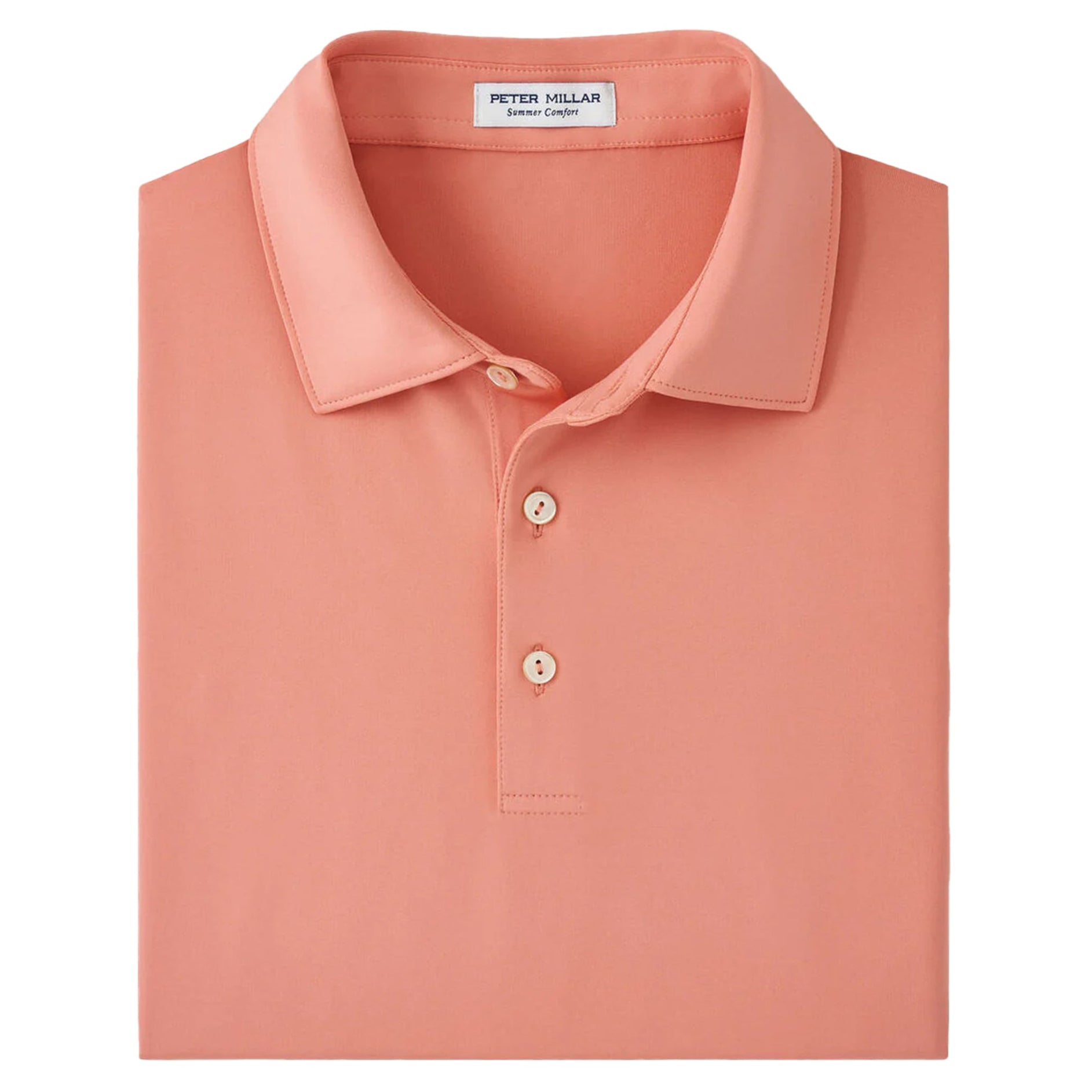 A solid performance jersey polo shirt in grapefruit color with a spread collar and three-button placket.