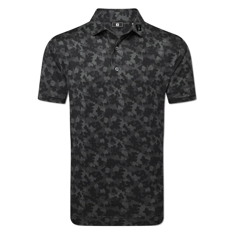 Black camouflage patterned polo shirt on a white background