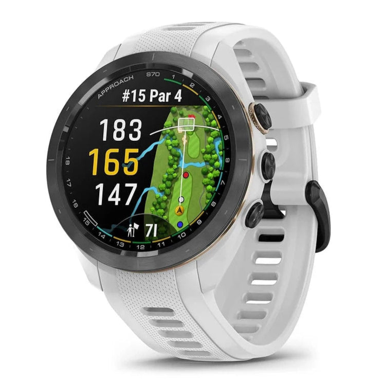 A Garmin Approach S70 GPS golf watch with a white band and silver casing, displaying a golf course map on its screen.