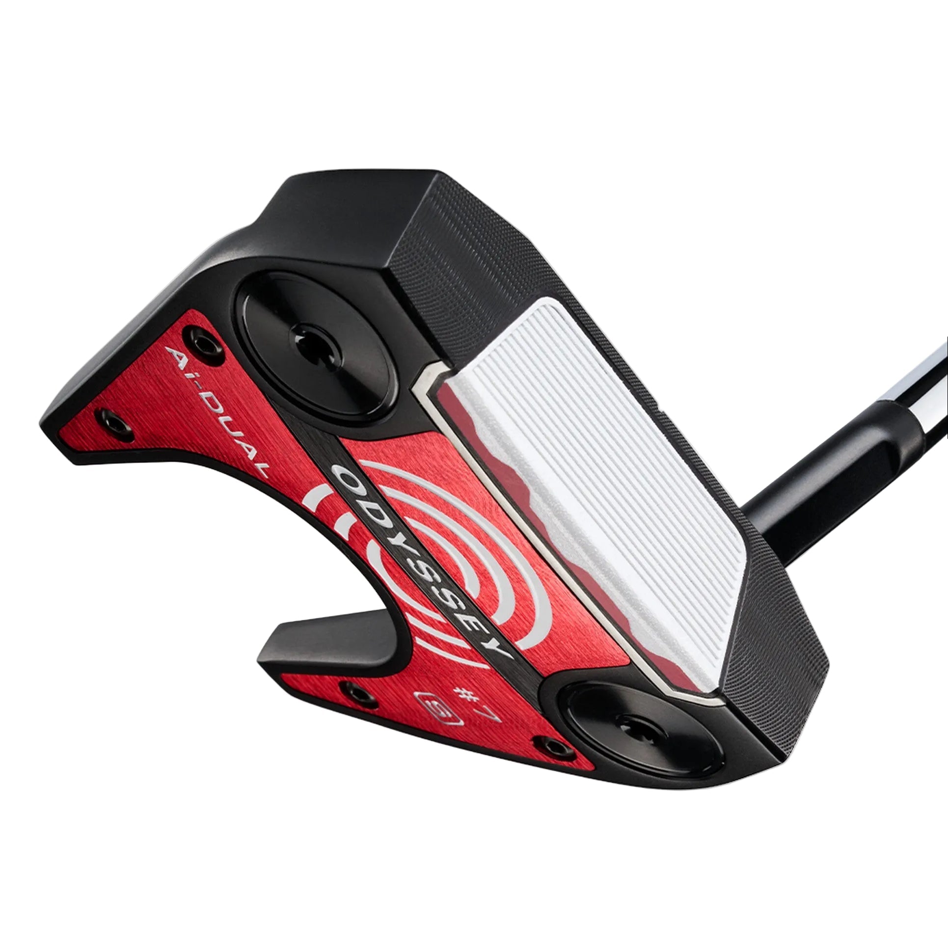 Red and black Odyssey golf putter on a white background