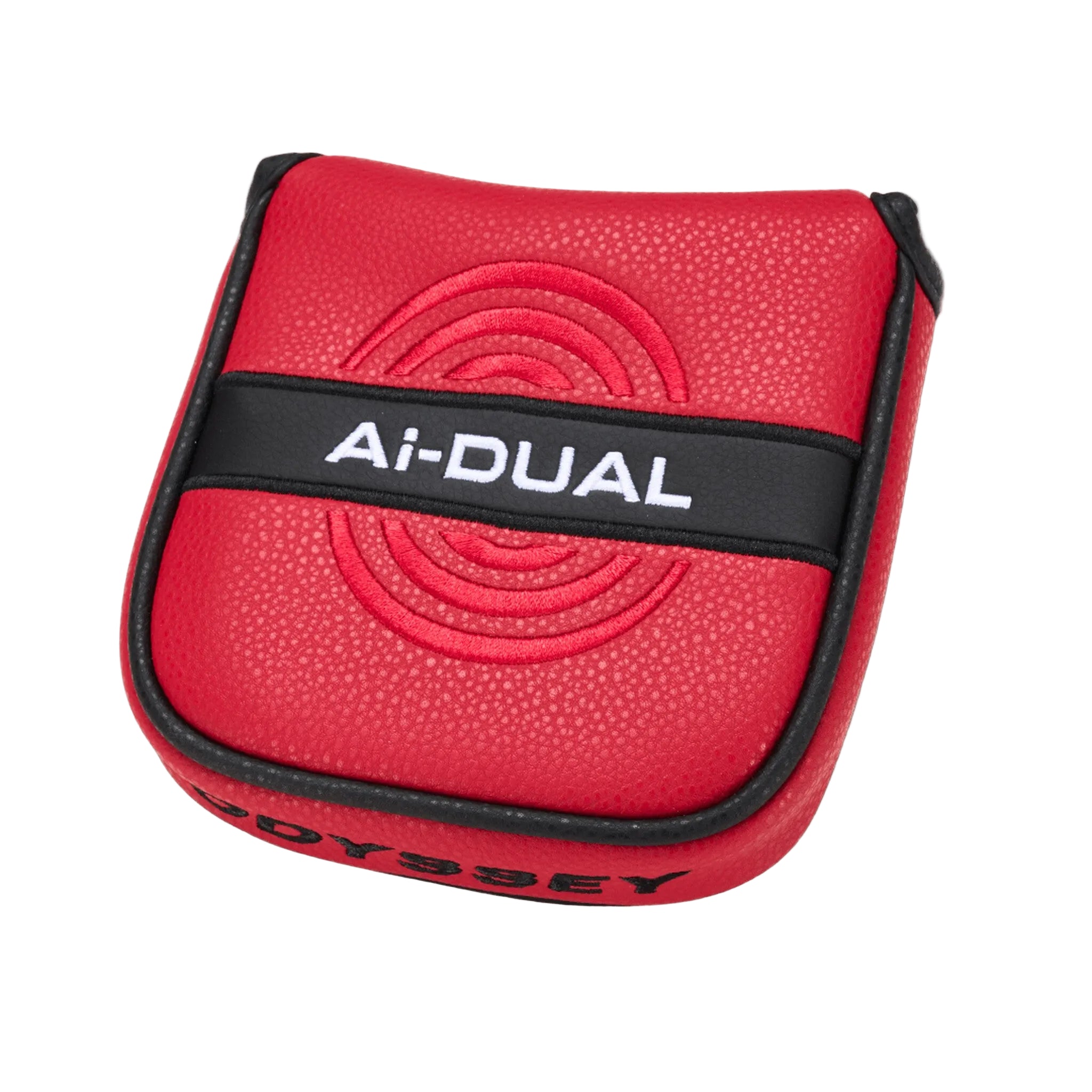 Red golf club head cover with 'Ai-Dual' and 'Odyssey' branding on a white background