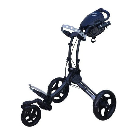 A black Clicgear Rovic RV1S 2.0 Swivel Push Trundler golf bag cart