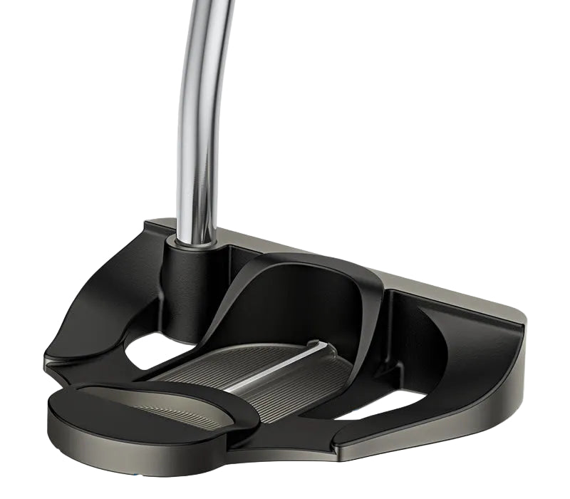 A black PING Craz-E CB putter with a long chrome shaft and a 17-inch blue grip.