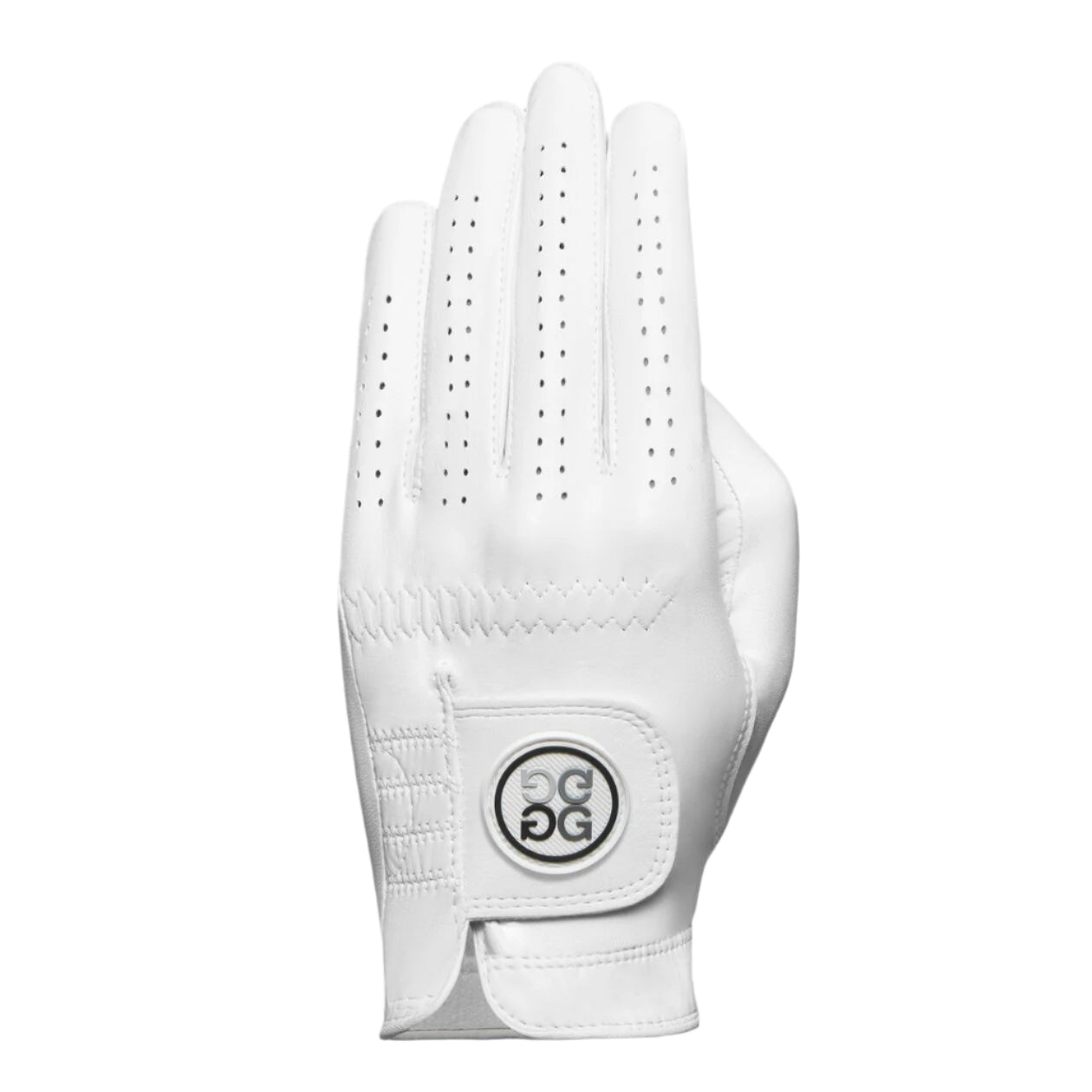White golf glove with a brand logo on a gray background