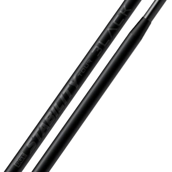 Two black golf club shafts on a white background