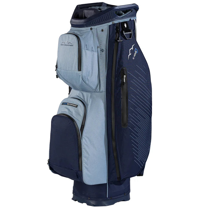 Navy and light blue golf bag with a visible brand logo on a white background