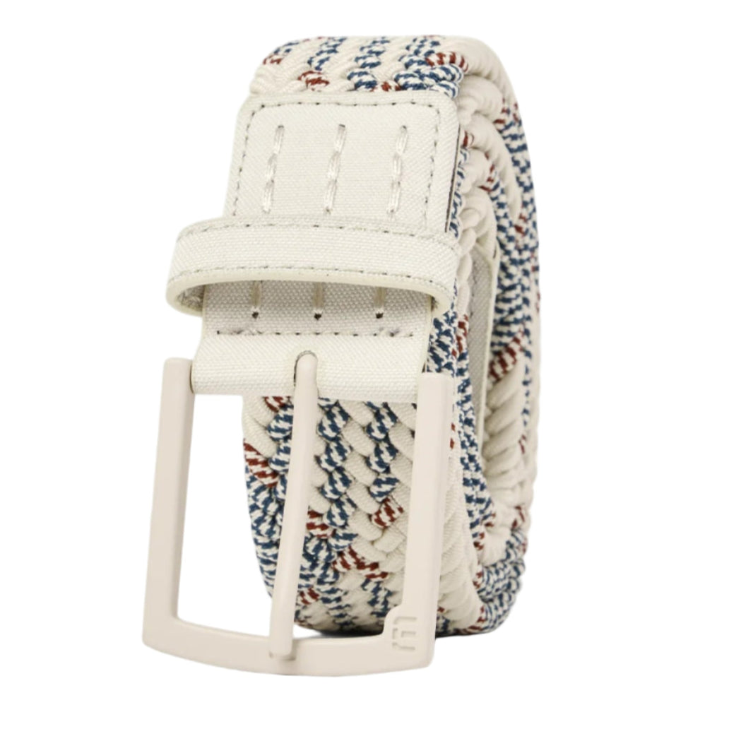 Woven belt with a white buckle on a white background