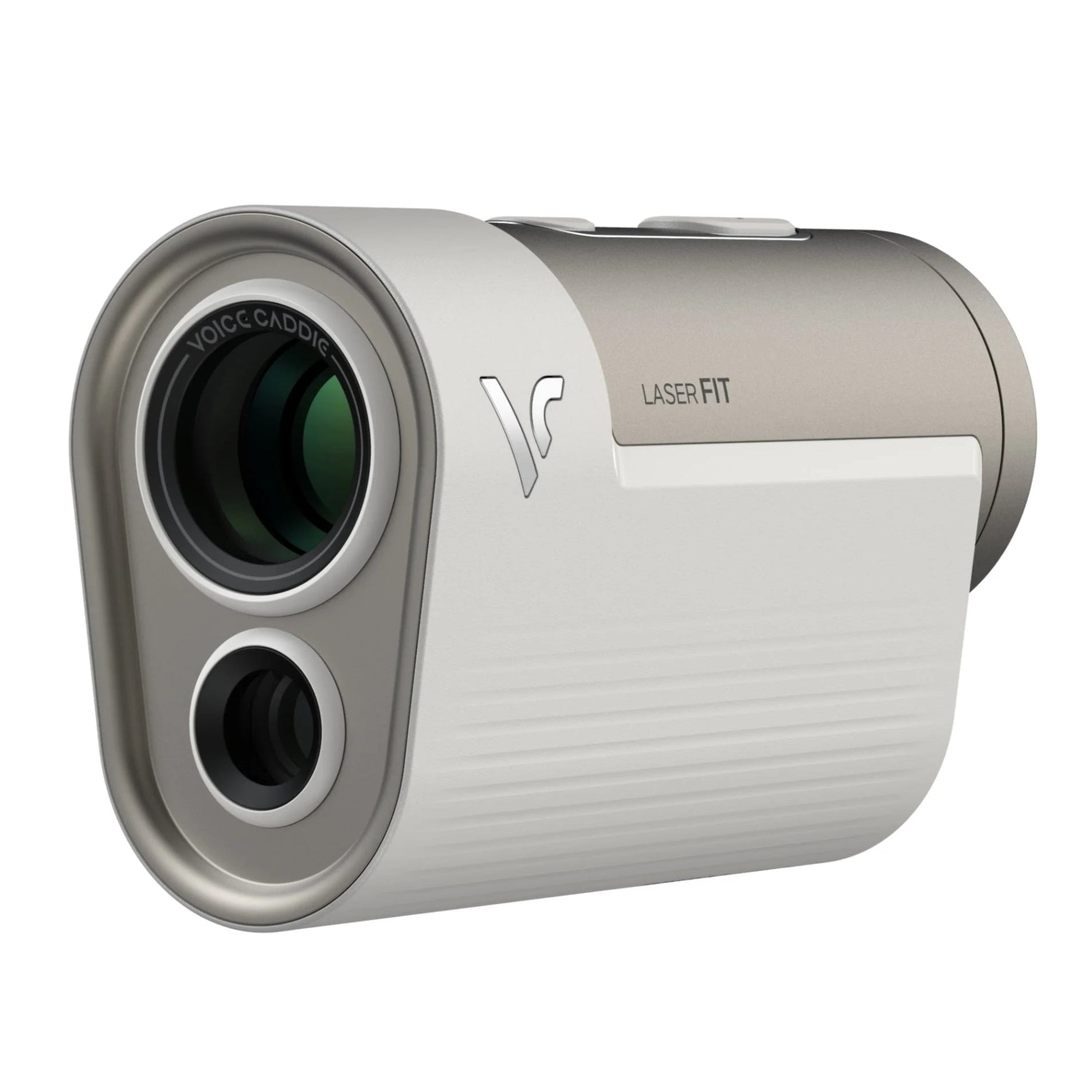 A Voice Caddie Laser Fit Range Finder with a stylish silver and black design, featuring dual display and optical lens.