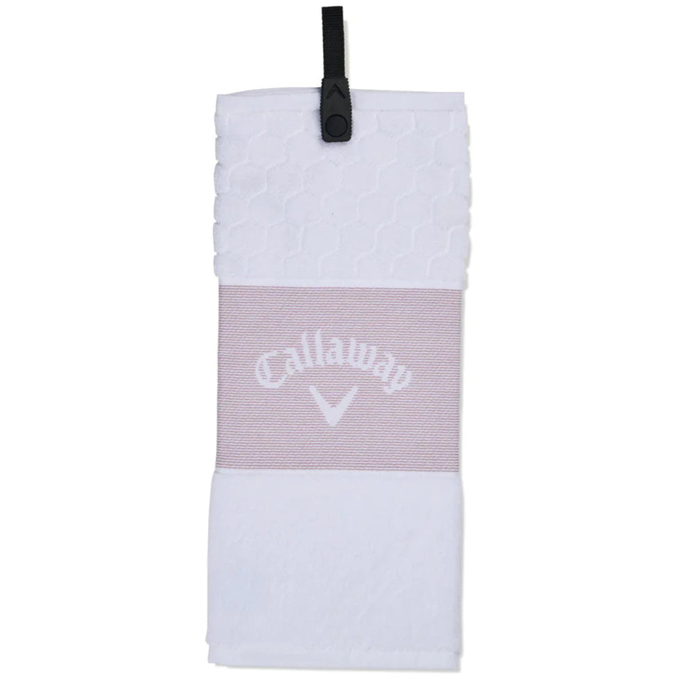 A white Callaway tri-fold golf towel with a logo in the center and a snap attachment.